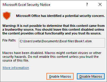 Microsoft Excel Security Notice