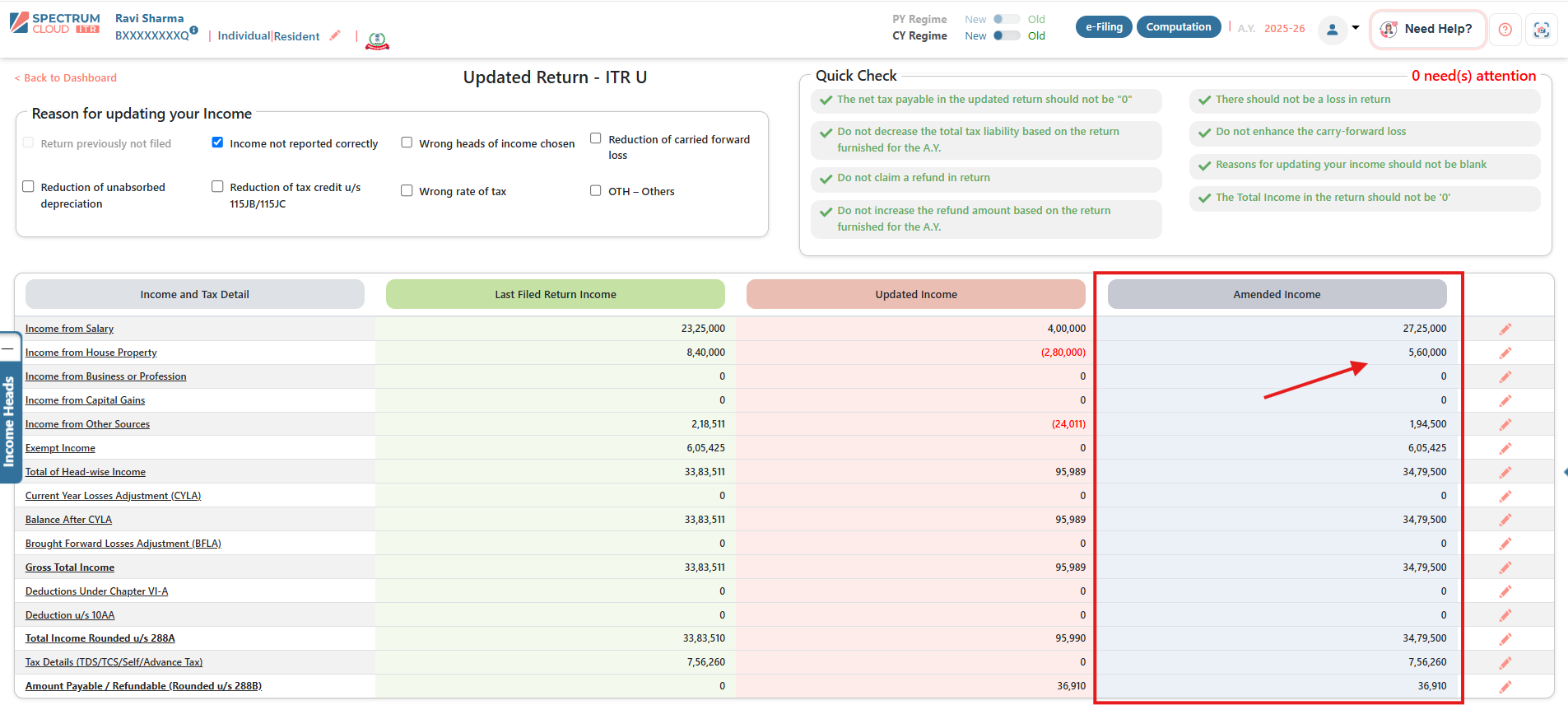 Review the Amended Income and Tax Computation