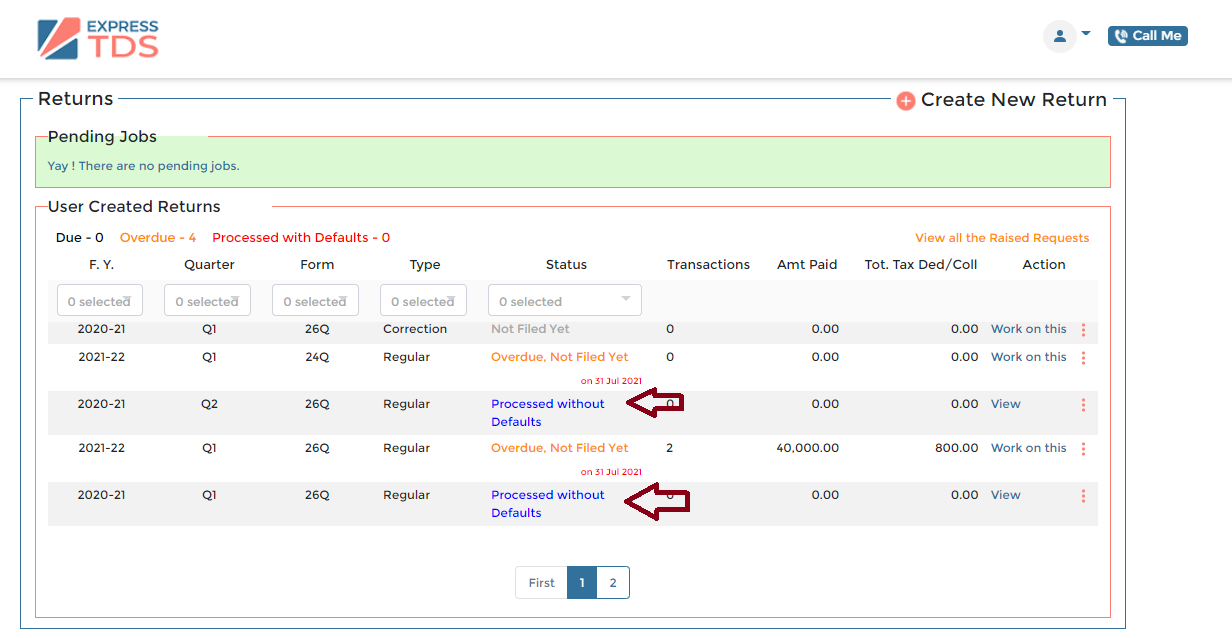 How to check TDS/TCS return processing status
