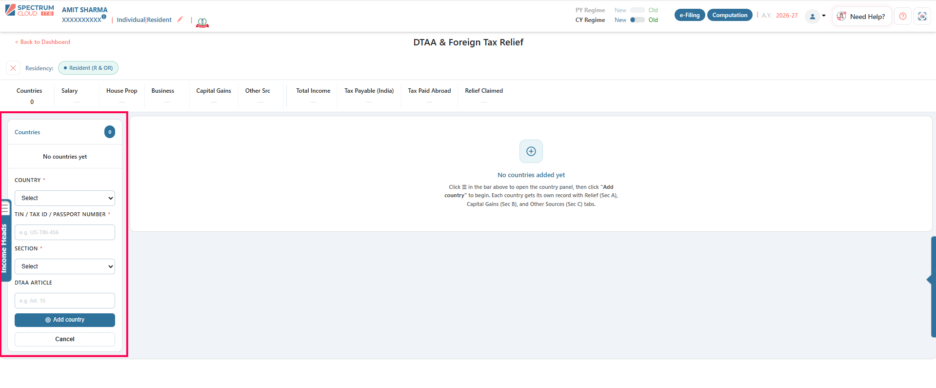Country Name, TIN, Section, Article of DTAA